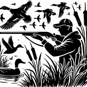 5 Entenjagd SVG 5 Schnittdatei, Jäger und fliegende Enten Silhouette, Wasservögel Clipart für Cricut, Laserschneiden, Vinyl Abziehbilder