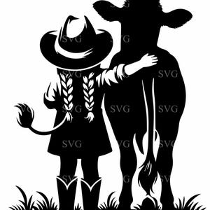 7 cow-girl et vache SVG, 7 ferme silhouette, clipart Western rustique, fille de la campagne avec bétail fichier de coupe pour Cricut & sublimation