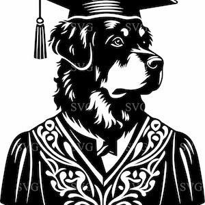 May include: Black and white illustration of a dog wearing a graduation cap and gown. The dog is wearing a cap and gown with a floral pattern.
