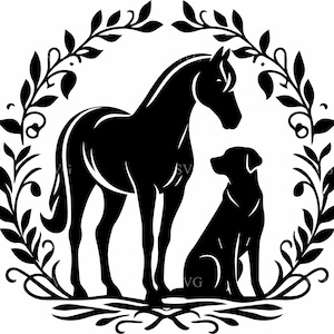7 chevaux et chien SVG - 7 cliparts silhouette animaux de la ferme - Couronne de fleurs coupe fichier pour les amateurs d'animaux de compagnie, travaux manuels rustiques et décoration d'intérieur