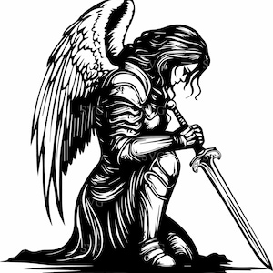 6 file SVG di guerriero angelo inginocchiato, silhouette di spada e ali, clipart di cavaliere femminile per progetti Cricut e laser