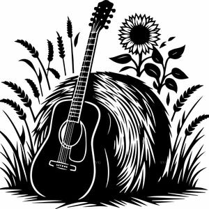 May include: Black and white illustration of an acoustic guitar leaning against a haystack, surrounded by wheat stalks and a sunflower. A country or folk music theme.