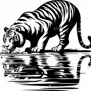 4 Tiger Drinking SVG, Wildlife Silhouette Cut File, Reflection Art