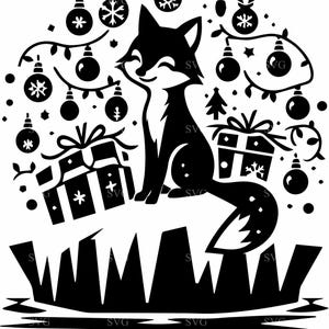 4 renard SVG 4 fichier coupé sur iceberg avec des lumières de Noël, des cadeaux et des flocons de neige - décoration de vacances d'hiver