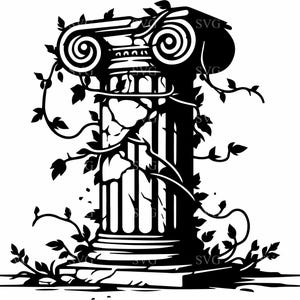 Może przedstawiać: Czarno-biała ilustracja kamiennej kolumny z winoroślą rosnącą wokół niej. Kolumna ma ozdobny szczyt z wzorem w postaci zwiniętego zwoju.