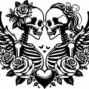 May include: Black and white illustration of two skeletons facing each other, adorned with roses and wings. The skeletons have roses in their hair and are surrounded by more roses and a heart. Butterflies are also present.