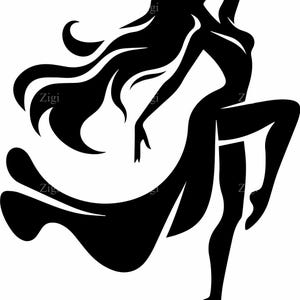 Peut inclure: Une silhouette noire représentant une personne en train de danser avec de longs cheveux flottants et une robe qui s'étend derrière elle. La figure est dans une pose dynamique avec un bras levé et une jambe soulevée. Le mot Zigi apparaît en arrière-plan.