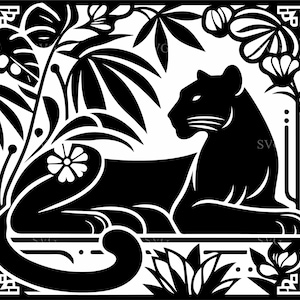 6 panthères SVG, 6 élégantes silhouette de chat de la jungle découpée avec cadre floral pour projets d'artisanat Cricut, laser et vinyle