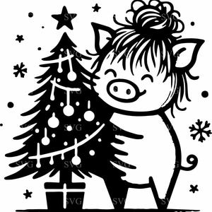 3 Fichier de coupe SVG 3 cochon de Noël - Adorable cochon dans ses bras décoré d'arbres de Noël - parfait pour les travaux manuels des Fêtes