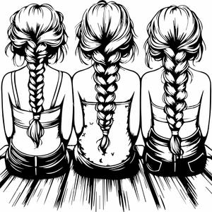 4 Tre sorelle SVG con capelli intrecciati, 4 file di taglio di silhouette di famiglia commoventi, perfetti per artigianato fai da te e decorazioni