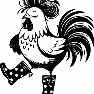 Gallo peculiar con botas de lluvia de lunares, archivo SVG 4 de corte, diseño divertido de animal de granja, perfecto para manualidades y proyectos de bricolaje