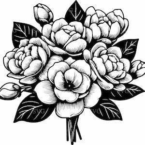 5 vintage bloemen boeket SVG, 5 elegante camellia gesneden bestanden, gedetailleerd botanisch ontwerp voor de Cricut & Silhouette