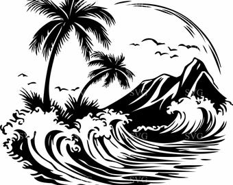May include: Black and white silhouette illustration of a tropical beach scene with palm trees, a mountain, and crashing waves.