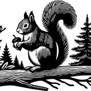 May include: Black and white illustration of a squirrel holding an acorn, perched on a log. The squirrel is surrounded by stylized trees and foliage, creating a forest scene. The image has a woodcut style.