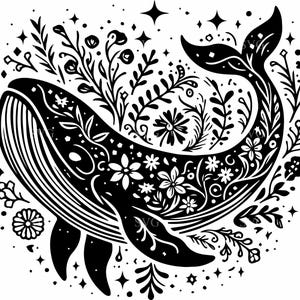 May include: Black and white illustration of a whale with floral and star details. The whale is filled with flowers and foliage, with a detailed design. The image has a whimsical and artistic style, suitable for wall art or crafts.