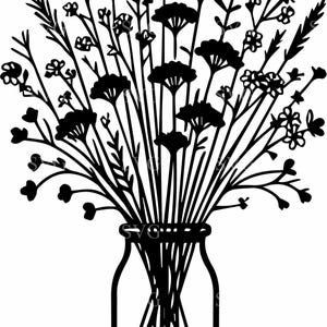 Jarrón de flores silvestres SVG, archivo de corte, silueta floral rústica PNG, clipart de tarro de flores de granja, Cricut Vector Digital