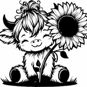 8 bébé vache avec tournesol SVG - 8 Clipart floral veau Highland pour projets Cricut, décoration de fille de ferme, cadeaux pour enfants et travaux manuels
