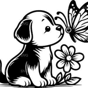 Chiot et papillon SVG 3 fichier coupé, chien mignon fleur design, Silhouette d'animal de compagnie pour projets Cricut