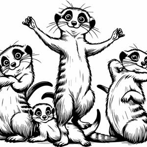 Könnte beinhalten: Schwarz-Weiß-Illustration von fünf Erdmännchen in verschiedenen Posen. Ein Erdmännchen steht mit erhobenen Armen, während andere sitzen oder die Arme verschränkt haben. Die Erdmännchen haben gestreifte Körper und aufmerksame Ausdrücke.