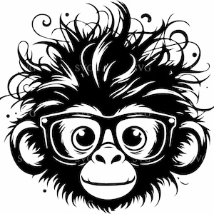 May include: Black and white illustration of a monkey wearing glasses with a messy hairstyle.