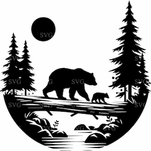 4 Bär und Jungtier SVG Schnittdatei Wald Wildtier-Szene Kreisförmige Silhouette Natur Design Cricut-Datei Berg Fluss Clipart