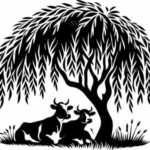 May include: Black and white silhouette of two cows resting under a weeping willow tree. The cows are lying down in the grass, and the tree's branches hang down over them. The image is a simple, elegant design.