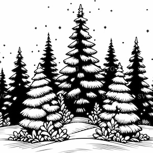 May include: Black and white illustration of a snowy forest scene with tall pine trees. The trees are drawn in a stylised, whimsical style, with a focus on their branches and needles. The scene is set against a white background, with small white dots representing falling snow.