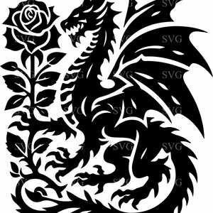 Archivo SVG de 5 cortes de dragón con rosa, clipart de criatura fantástica, elegante silueta mítica para Cricut, calcomanía de vinilo, arte gótico