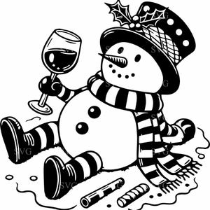 Könnte beinhalten: Schwarz-Weiß-Illustration eines Schneemanns, der ein Glas Rotwein hält. Der Schneemann trägt einen gestreiften Schal, Hut und Stiefel. Zwei gerollte Zigarren liegen auf dem Boden.