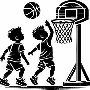 キッズバスケットボール SVG 4 カットファイル - ネットでバスケットボールをする 2 人の男の子のシルエット - アウトドア スポーツ デザイン