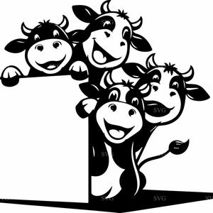 Peeking vaches SVG 4 fichier coupe | Quatre vaches heureuses autour d'une enseigne vierge Clipart | Art amusant des animaux de la ferme pour Cricut