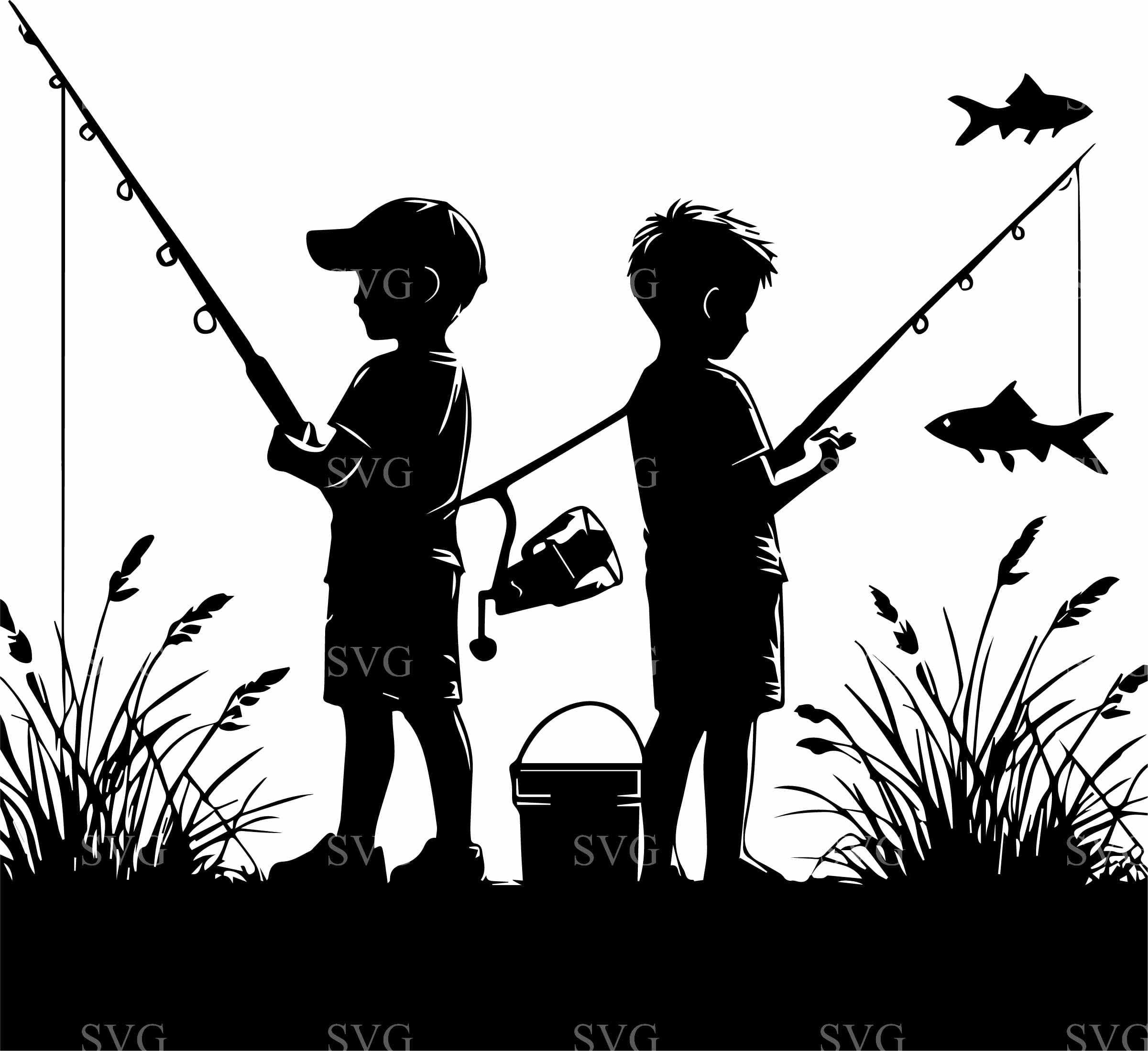 8 Fishing Kids SVG Cut File – Two Boys Lake With Rod, Bucket, and Fish ...
