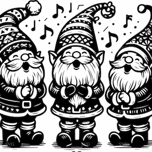May include: Black and white illustration of three singing gnomes wearing patterned hats and coats. Musical notes float above their heads. The gnomes have long beards and are smiling with their mouths open.