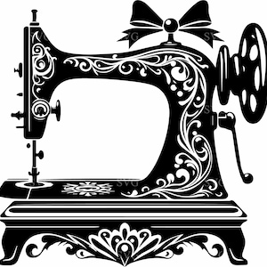 May include: Black and white illustration of a vintage sewing machine. The machine features ornate scrollwork and a decorative bow on top. The design is detailed and suitable for crafting projects.