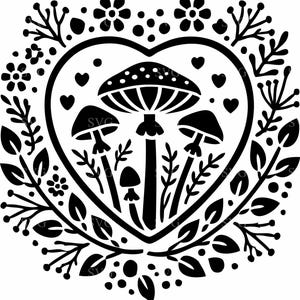 Mushroom Heart SVG - 8 arquivos de corte de madeira caprichosos com detalhes florais para Cricut e Silhouette