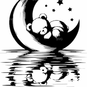 Orso addormentato sulla luna SVG 4 File di taglio / Scena notturna da sogno con stelle e riflessi / Clipart per la cameretta dei bambini per Cricut