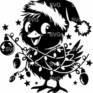 8 Pulcini di Natale in formato SVG, 8 Uccellini Festivi con Luci, Clipart di Pulcini con Cappello da Babbo Natale per Cricut, Design di Pulcini per le Feste
