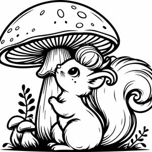 4 Écureuil mignon avec champignon SVG | 4 Clipart animaux des bois | Silhouette d'écureuil sous un champignon