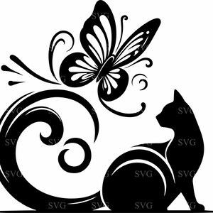 5 chat et papillon SVG, Silhouette florale lunatique coupe fichier pour Cricut, clipart Nature animale décorative