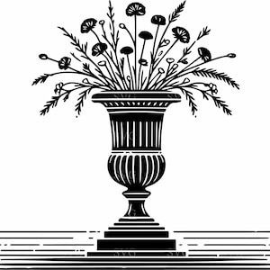 Può includere: Un'illustrazione in bianco e nero di un vaso con un mazzo di fiori. Il vaso ha una forma classica a urna con una base a piedistallo. I fiori sono stilizzati e hanno un design semplice ed elegante.