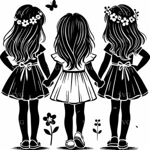 Trois soeurs SVG 4 fichier coupe - Silhouette de trois filles se tenant la main - lien familial en téléchargement numérique