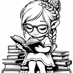 Puede incluir: Ilustración en blanco y negro de una persona con gafas leyendo un libro, sentada sobre una pila de libros. La persona tiene el pelo largo trenzado y un moño adornado con flores. Es un dibujo lineal.