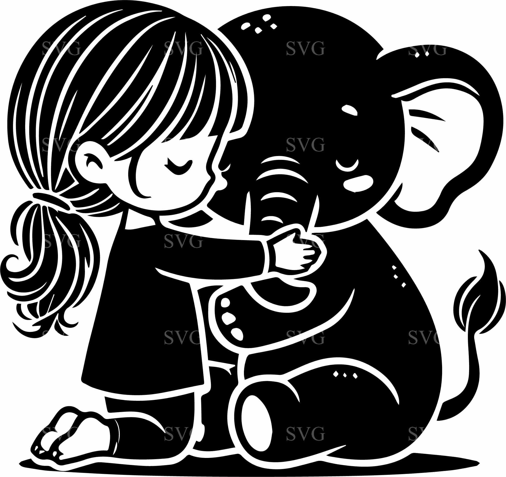 Hugging Elephant Vector 4 Girl SVG Hugging Elephant Cut File | Heartwarming Silhouette Child ...