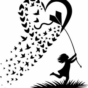May include: A black and white illustration of a child running while flying a kite. The kite is connected to a heart-shaped design made of birds. The birds are flying away from the heart.