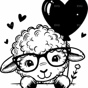 Agnello carino SVG 4 File di taglio con palloncino a cuore e occhiali / Adorabile pecora Clipart / Animale da fattoria Amore SVG