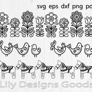 Peut inclure: Fichiers de conception numérique en noir et blanc pour l'artisanat. Le motif présente une rangée de fleurs, d'oiseaux et de chevaux stylisés. Le texte "Lily Designs Goods" est en bas de l'image.