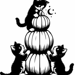 May include: Black and white illustration of three kittens and stacked pumpkins. One kitten sits atop the pumpkins, while the other two look up at the stack. A crescent moon and stars are in the background.