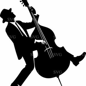 Può includere: Silhouette in bianco e nero di un musicista che suona un contrabbasso. Il musicista indossa un abito e un cappello, con lo strumento inclinato verso l'osservatore. L'immagine ha un'estetica vintage ispirata al jazz.
