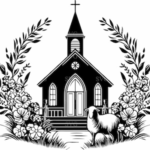 May include: Black and white illustration of a church with a cross on top, surrounded by flowers and a sheep standing in front of it.