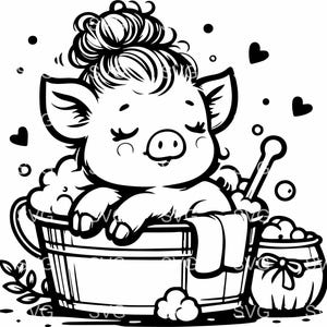 May include: A black and white line drawing of a pig taking a bath in a tub. The pig has a bun in its hair and is smiling. There are bubbles in the tub and a washcloth hanging over the side.